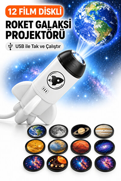 12 Film Diskli Roket Galaksi Projektörü, USB Yıldızlı Gökyüzü Projeksiyon Gece Lambası, Ayarlanabilir Başlıklı Çocuk Odası Uzay Işığı