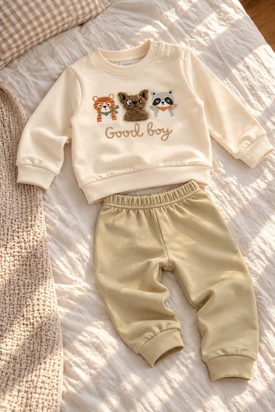 METEOR BABY Baby Set Good Boy Cat Dog Panda Figured Sweatshirt Bottom Top Set...