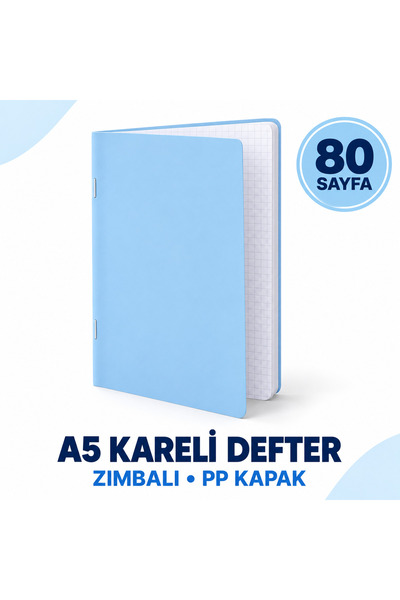A5 Zımbalı Kareli Okul Defteri – 80 Sayfa, Dayanıklı PP Kapak