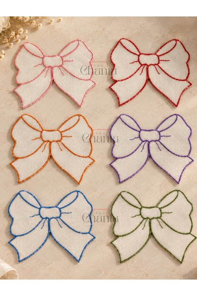 the chanta Embroidered Bow Patterned Linen Cocktail Napkin Colorful 6-Piece C...