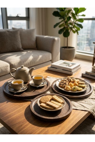 Generic Brand Round Wood Serving Tray Set with Elegant and Modern Design