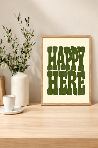 HOPE DİZAYN Happy Here Ahşap Çerçeveli Minimal Yazılı Duvar Tablosu