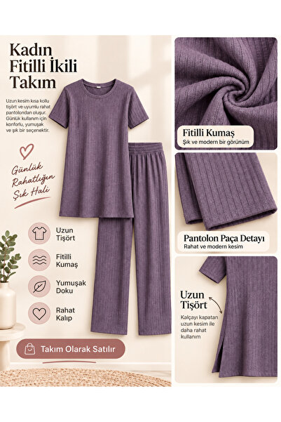 Çimen Spor Giyim Kadın Fitilli Kısa Kollu Rahat Pijama Ev Giyim Takımı