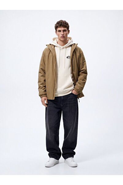 Ltb Regular Fit Hooded Cream Sweatshirt with Print Detail