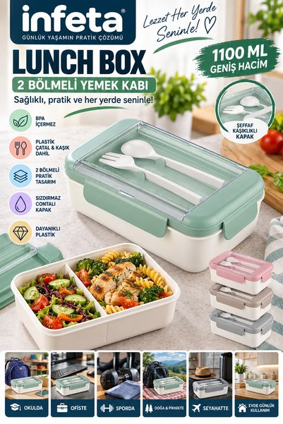 İnfeta 1100 ml 2 Compartment Lunch Box with Fork and Spoon, Transparent Compa...