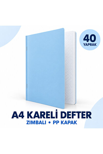A4 Zımbalı Kareli Okul Defteri – 40 Yaprak, Dayanıklı PP Kapak - Kapak Rengi Rastgele Gönderilir