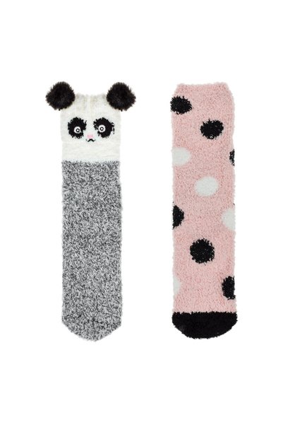 CATIANO Sosete Dama Pufoase Roz cu Buline & Gri cu Animal - 2 perechi