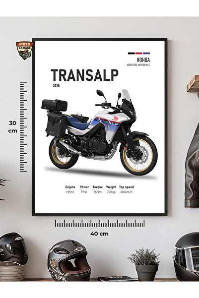 MotoGarage Honda Transalp 2025 Motosiklet Tasarımlı Ahşap Çerçeveli Tablo (30x40 cm)