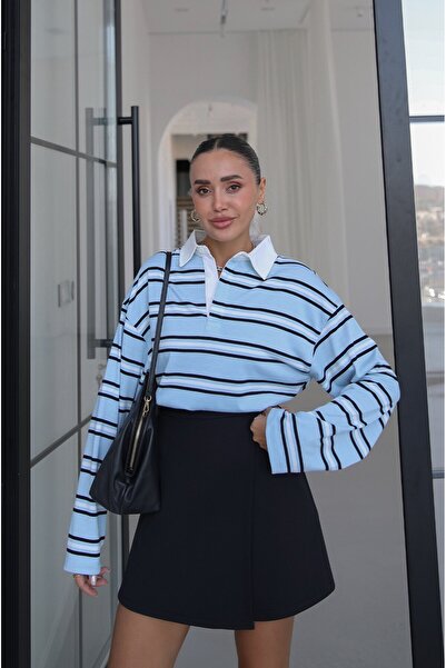 Havoş Mavi Gömlek Yakalı Çizgili İnce Sweatshirt