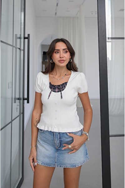 Havoş Ecru Plaid Collar Detailed Knitwear