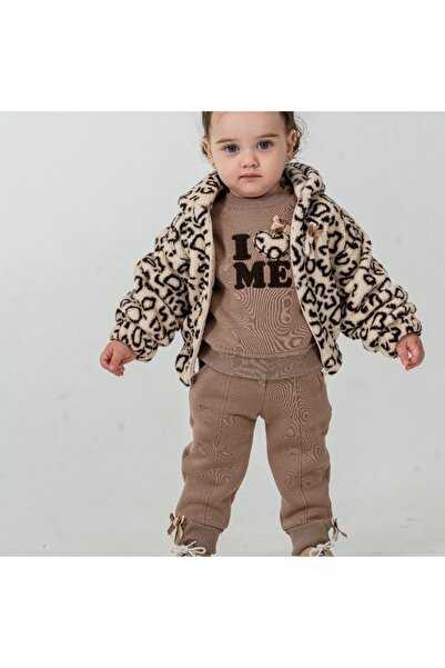 Bilge Trend LEOPAR POLAR MONTLU , FİYONK DETAYLI KAHVERENGİ KIZ BEBEK 3 PARÇA KIŞLIK TAKIM