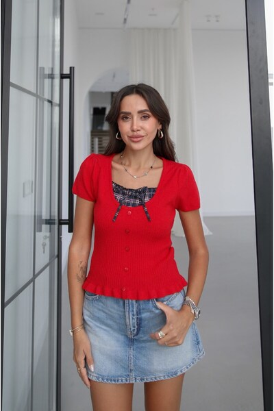 Havoş Red Plaid Collar Detailed Knitwear