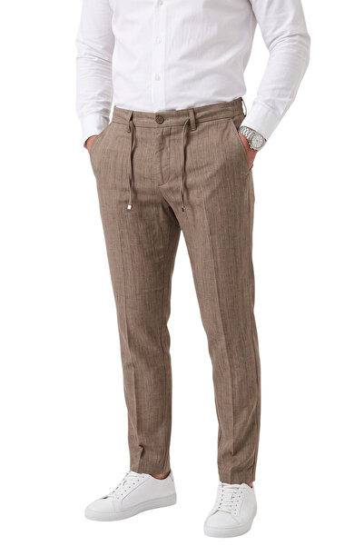DeepSEA Erkek Slim Fit Kırçıllı Açık Kahve Kumaş Pantolon – İpli Esnek Bel Likralı Spor Şık Pantolon 2700252