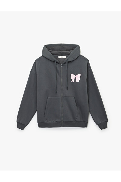 Koton Comfortable Fit Hooded Zippered Kangaroo Pocket Sweatshirt with Bow Pri...