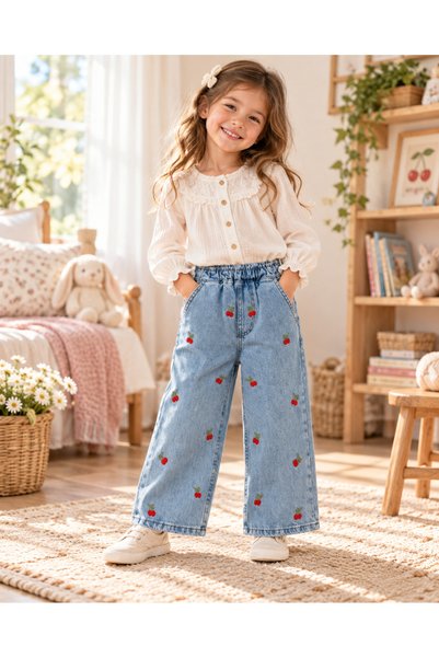 erayalpkids Girl's Cherry Patterned Wide Leg Jeans