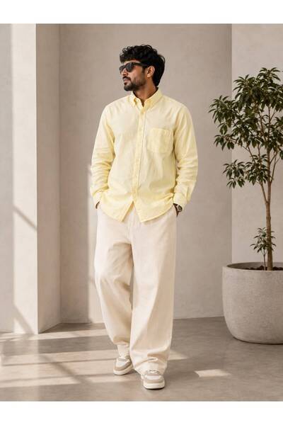 AUXOM WHITE LEAF LINEN PLAIN SHIRT F/S