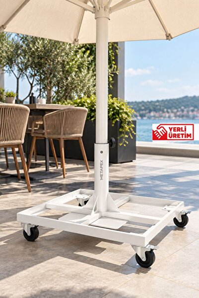 ŞEMSİYE AYAĞI - 80x80 (100mm BORULU) 4 TEKER KİLİTLİ (STOPLU) BEYAZ