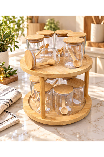 Pembelia Life Dönen Standlı 12’li Kaşıklı Bambu Kapaklı 250 ml Cam Baharatlık Seti Baharatlık Takım