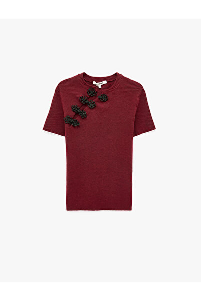 Koton Süslü Düğmeli Mandarin Yaka Kısa Kollu Slim Fit Triko Kazak