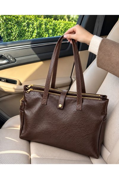 çantamgelsin kadın yumuşak büyük boy çok bölmeli astarlı ayarlanabilir uzun askılı el ve omuz çantası KAHVERENGİ LAPTOP UYUMLU ÇANTA (EBAT 35X25 CM)