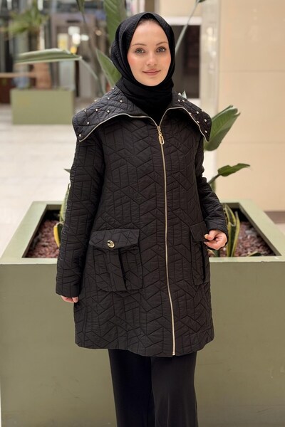 Matex Stone Embellished Wide Collar Zippered Quilted Coat