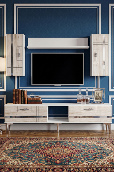 YUMEDİ DESİGN TVR1542BTS - İLAY TV ÜNİTESİ TAKIMI 150CM BEYAZ-TRAVERTEN-SİLVER