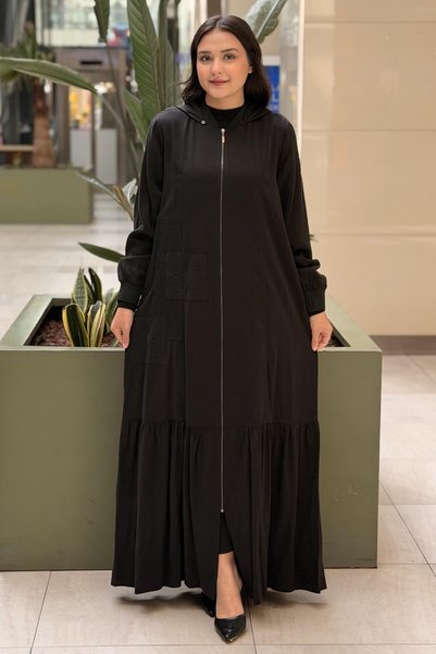 Nurcan Çetin Hooded Geometric Embroidered Full-Length Zippered Robe
