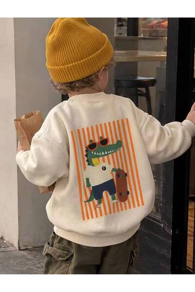 No Plan Girls'/Boys' Beige Crewneck Back Printed Sweatshirt