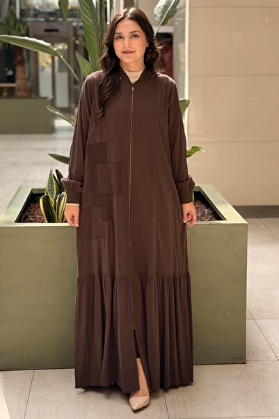 Nurcan Çetin Hooded Geometric Embroidered Full-Length Zippered Robe