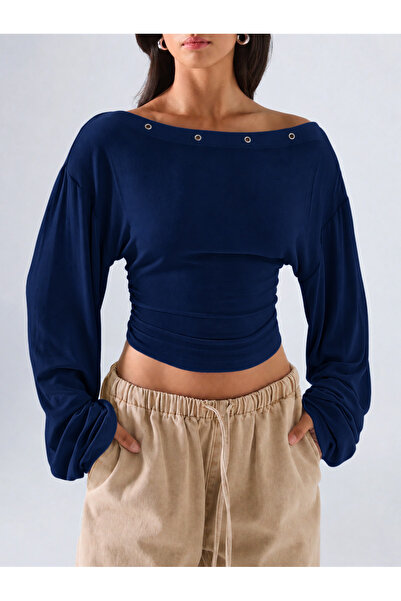 Wild Flower Metal Detailed Boat Neck Draped Long Sleeve Crop Blouse