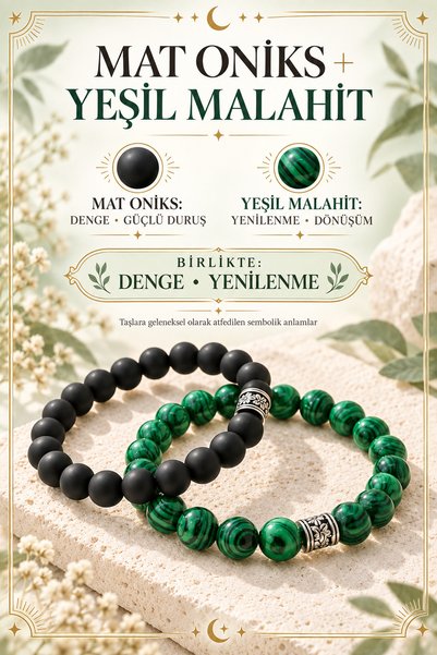 Muammer Köksal Design Mat Oniks ve Yeşil Malahit 8 mm Doğal Taş İkili Bilekli...