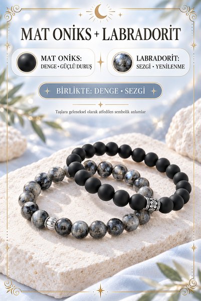 Muammer Köksal Design Mat Oniks ve Labradorit 8 mm Doğal Taş İkili Bileklik S...