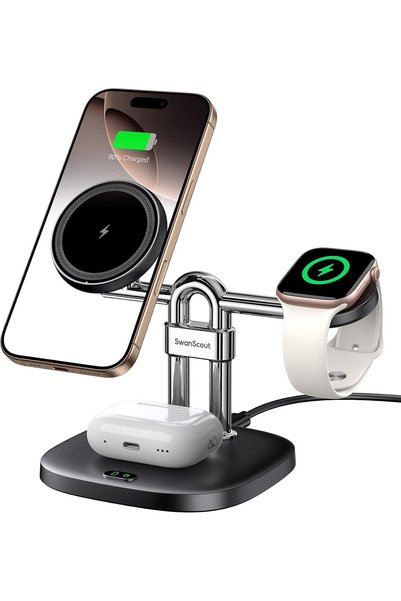 SwanScout شاحن لاسلكي 3 في 1 متوافق مع MagSafe لهواتف آيفون Duo/18 Pro