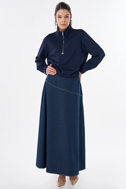 Kayra High Collar Rayon Blouse Navy Blue