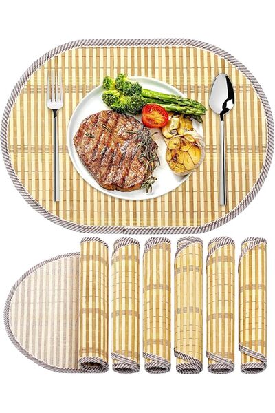 KASTWAVE Japanese Style Oval Placemats Set of 6 - Handwoven Eco-Friendly Bamb...