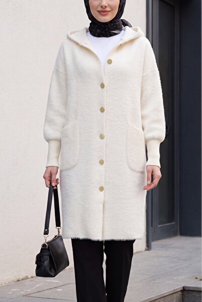 Modamorfo Hooded Double-Pocketed Button-Front Bearded Cardigan - Ecru