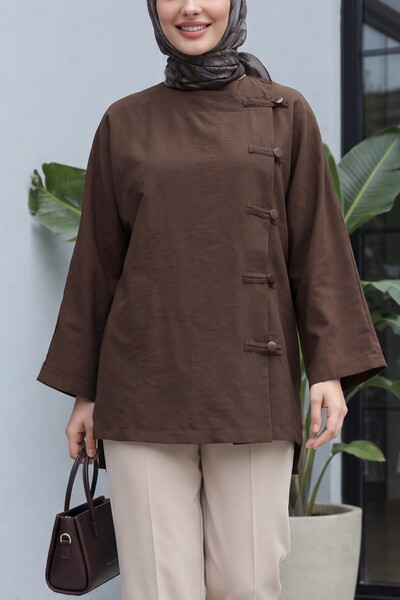 Modamorfo Round Neck Polyviscon Tunic with Buttons on the Front and Long Back...