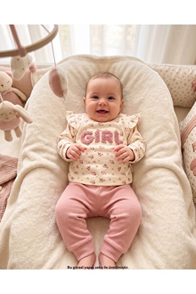 Kız Bebek Çiçek Baskılı Girl Nakışlı %100 Pamuk 3-6-9-12 Aylık Mevsimlik İkili Bebek Takımı