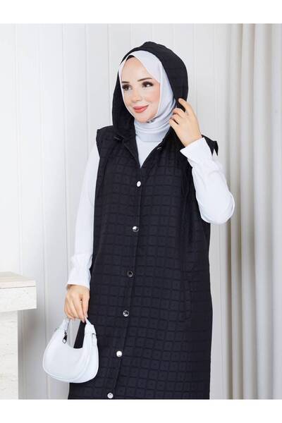 LEAF Fashion for Women Quilted Screen Mesh with Front Buttons and Chain Detail, Hooded Side Pocket Screen Mesh 3402