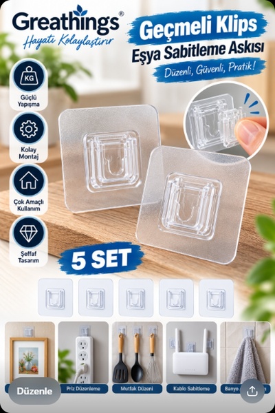 Greathings Şeffaf Yapışkanlı Geçmeli Klips Eşya Sabitleme Askısı 5 Set Delmesiz