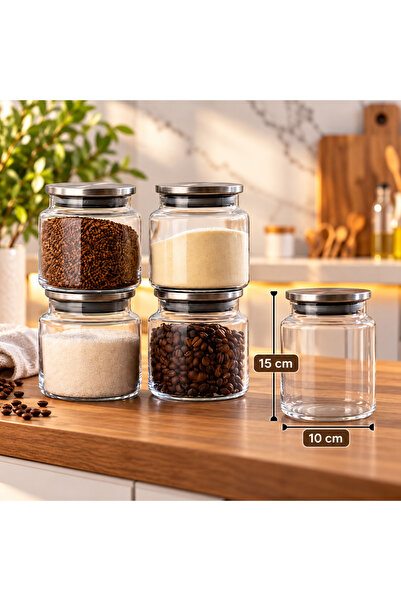 Kitchen Pembelia 4’lü Metal Vakum Kapaklı Cam 500 cc Bakliyat Erzak Baharatlı...