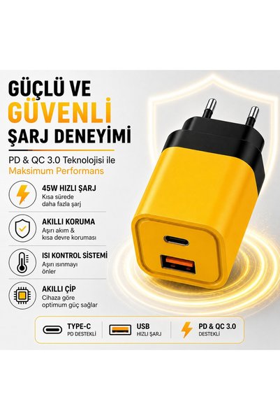 SMAYLİNG 48W Hızlı Şarj Adaptörü + Type-C to Type-C Kablo Seti | PD & QC 3.0 Destekli | USB + Type-C Çift Giriş | Akıllı Koruma | Hızlı Şarj Aleti