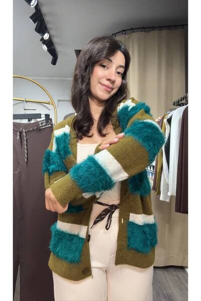 DipOL Butik Khaki Green Striped Furry V-Neck Buttoned Knitwear Cardigan