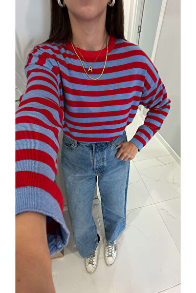 BİRCANÇİL Fiolde Blue Red Striped Long Sleeve Knitwear