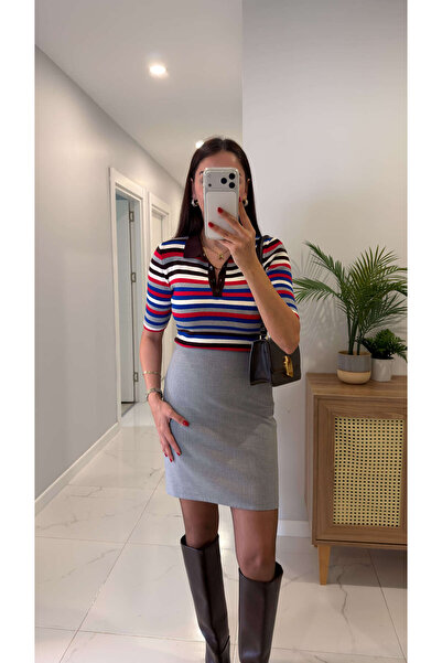 BİRCANÇİL Derna Brown Striped Polo Neck Short Sleeve Knitwear