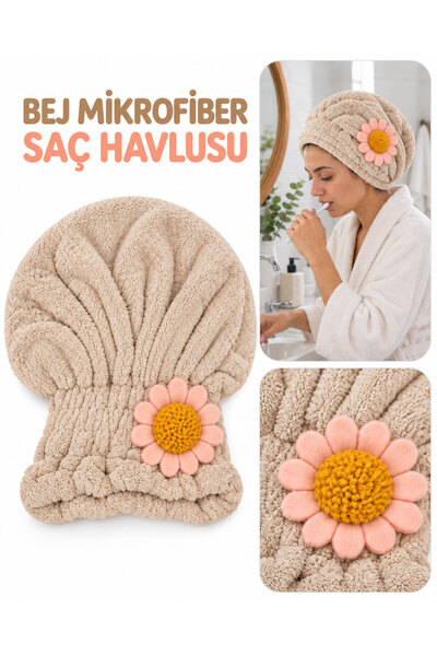 Bigohobi Mikrofiber Saç Havlusu, Çiçek Detaylı Lastikli Saç Kurutma Bonesi, Duş Bonesi, Bej Renk