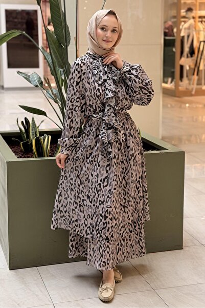 Ghisa Ruffled Shawl Collar Patterned Belted Dress