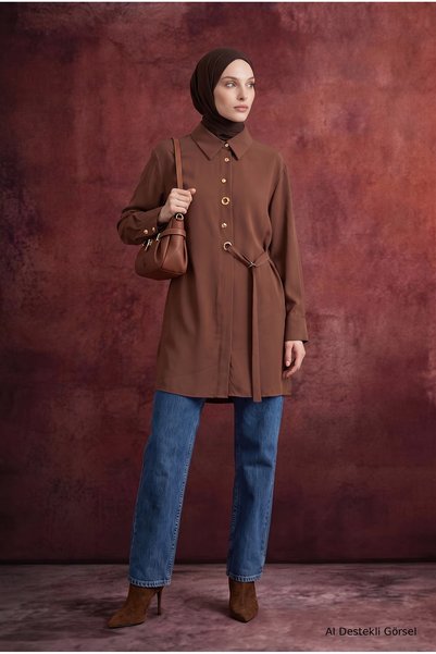 Armine TREND Shirt Collar Eyelet Detailed Belted Tunic 91 cm Length Camel 26Kt431