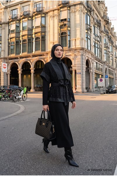 Armine TREND File Detaylı Belden Kuşaklı Yelek ve Uzun İç Elbiseli İkili Takı...