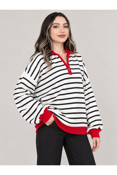Remon Kadın Çizgilİ Detaylı Fermuarlı Oversize Sweatshirt